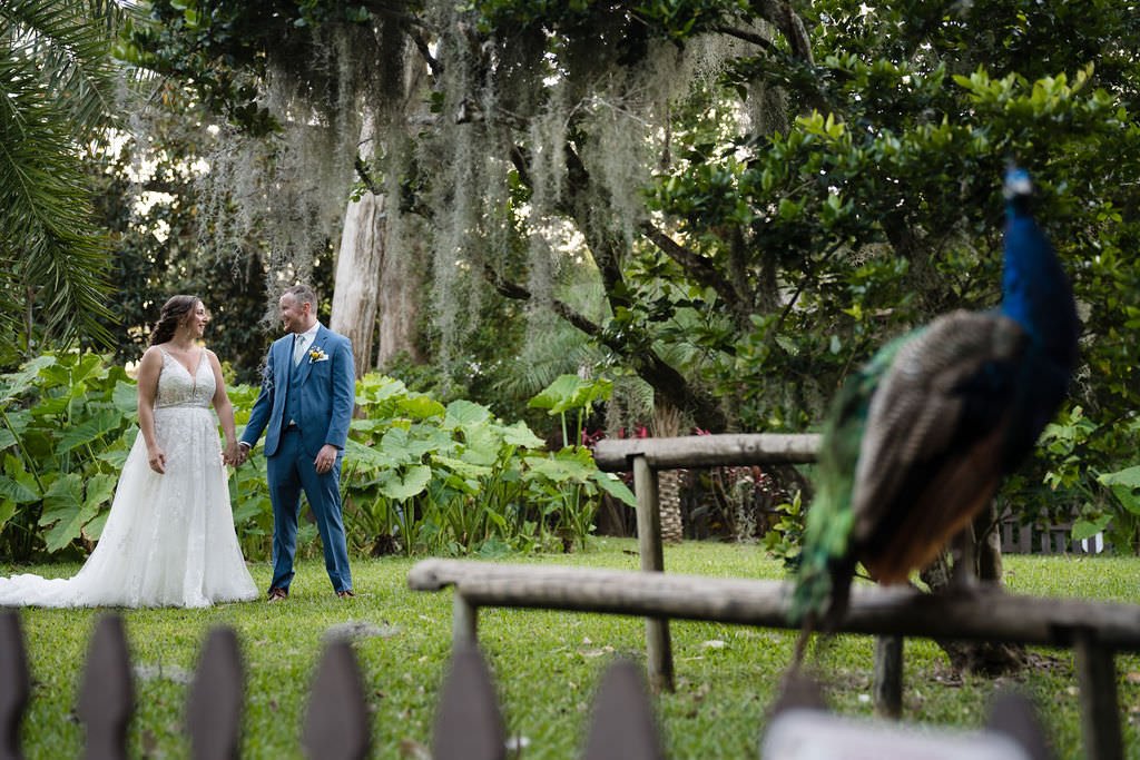 A peacock watches a couple say I do in a beautiful outdoor ceremony.jpg