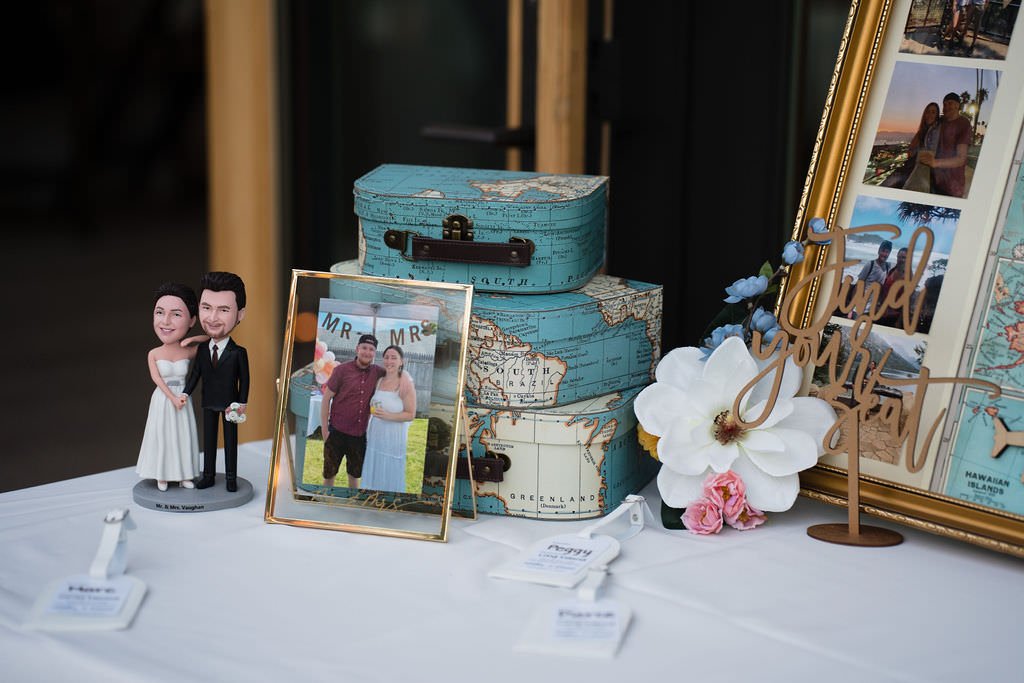 Travel themed wedding decor with personalized details justmarried weddingday findyourseat.jpg